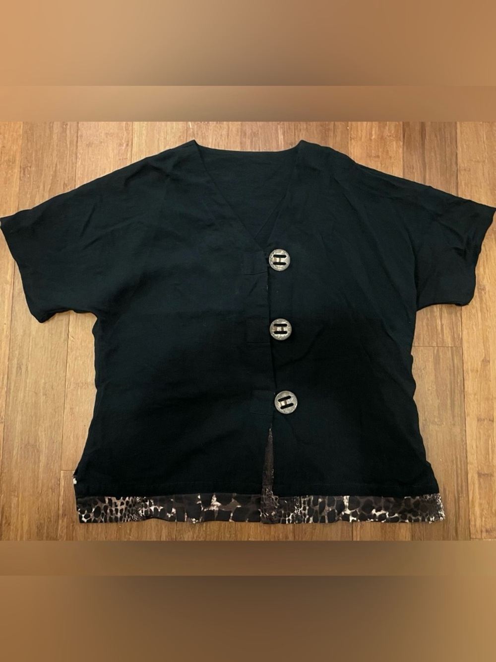 Fridaze Blouse 100% Linen Black Animal Print Beach Summer Lagenlook